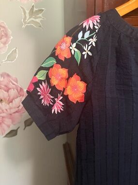 Black Top with Bright Floral Embroidered Sleeve